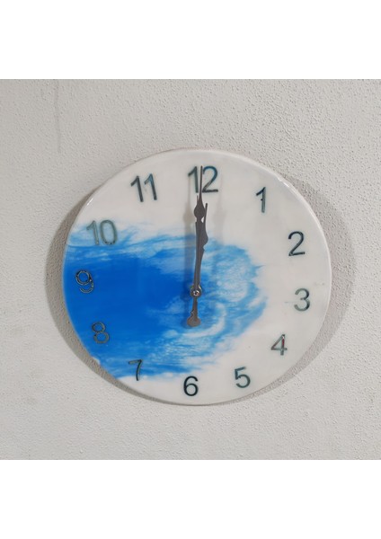 Epoksi Duvar Saati Çap 33 cm Ultra Sessiz Mavi Beyaz Huzur Tasarım Dekoratif Epoksi Saat