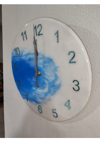 Epoksi Duvar Saati Çap 33 cm Ultra Sessiz Mavi Beyaz Huzur Tasarım Dekoratif Epoksi Saat indirimleri