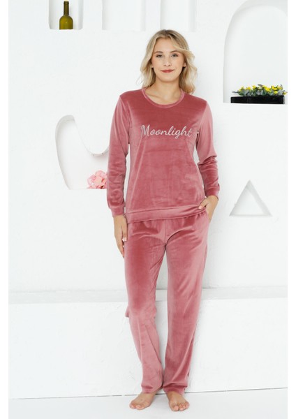 Kadife Kadın Pijama Takımı - Moonlight Ithal Kadife Pudra Cepli 2763UK