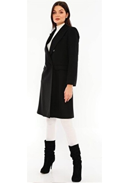 Kadın Midi Kaban Uzun Kollu Yün Karışımlı Siyah Renkli Tasarım