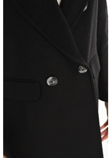 Kadın Midi Kaban Uzun Kollu Yün Karışımlı Siyah Renkli Tasarım