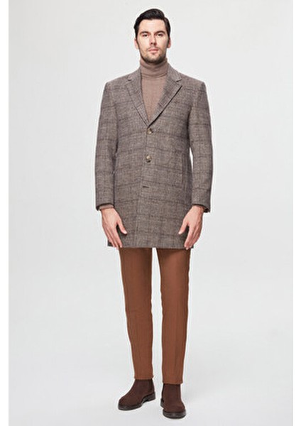Slim Fit Kahverengi Palto Ekose Desen ile Uzun Kol Erkekler İçin Şıklık