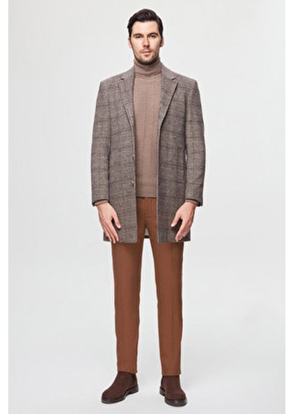 Slim Fit Kahverengi Palto Ekose Desen ile Uzun Kol Erkekler İçin Şıklık