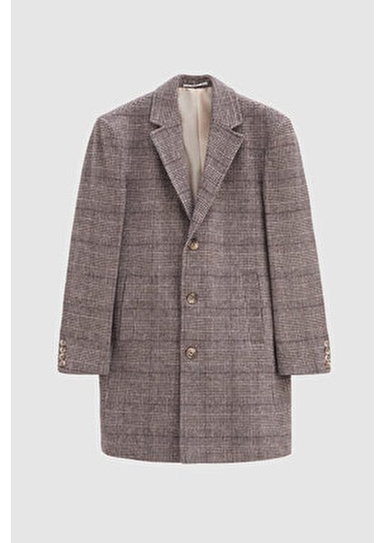 Slim Fit Kahverengi Palto Ekose Desen ile Uzun Kol Erkekler İçin Şıklık