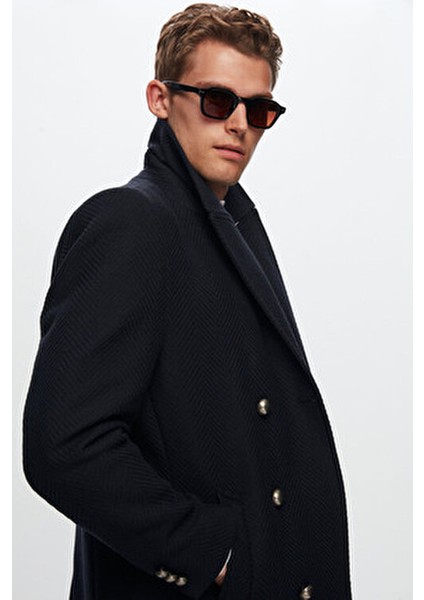 Regular Fit Lacivert Balıksırtı Palto Uzun Kol Midi Kesim Erkekler İçin