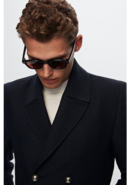 Regular Fit Lacivert Balıksırtı Palto Uzun Kol Midi Kesim Erkekler İçin