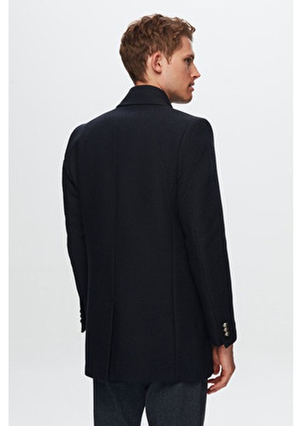 Regular Fit Lacivert Balıksırtı Palto Uzun Kol Midi Kesim Erkekler İçin