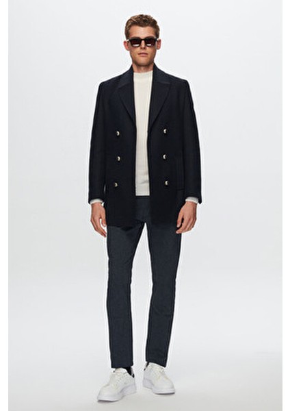 Regular Fit Lacivert Balıksırtı Palto Uzun Kol Midi Kesim Erkekler İçin