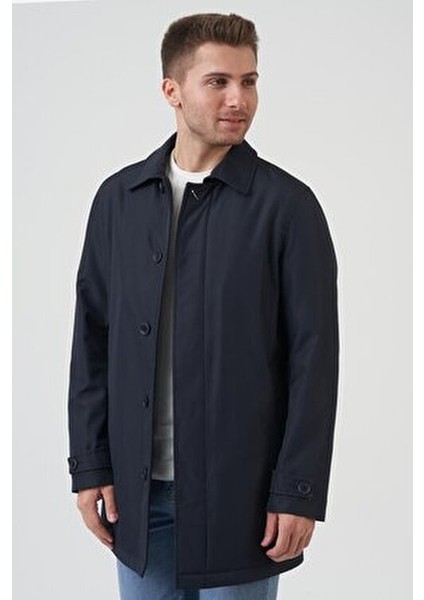 Slim Fit Kaban Pardesu Polyester Erkek Midi Uzun Kol Laci Renk Düz Desen