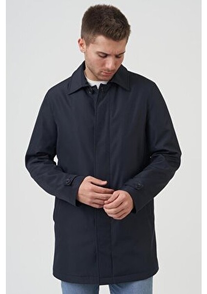 Slim Fit Kaban Pardesu Polyester Erkek Midi Uzun Kol Laci Renk Düz Desen