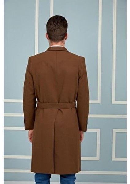 Erkek Palto Uzun Kol Yün ve Polyester Düz Desen Kahverengi Renk Seçeneği