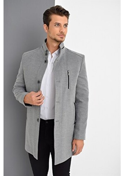 Palto Erkekler İçin Yün ve Polyester Düz Desenli Midi Uzun Kol