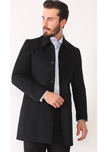 Erkek Palto Yün ve Polyester Karışımı Midi Uzun Kol Düz Siyah indirimleri