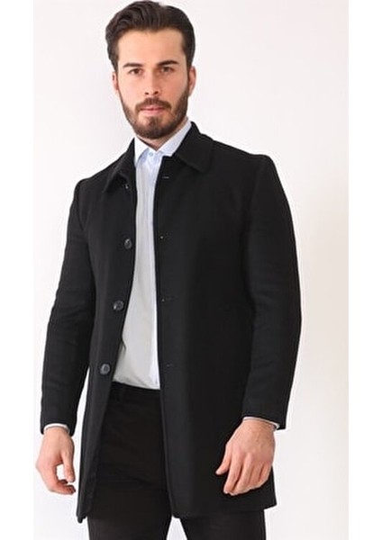 Erkek Palto Yün ve Polyester Karışımı Midi Uzun Kol Düz Siyah