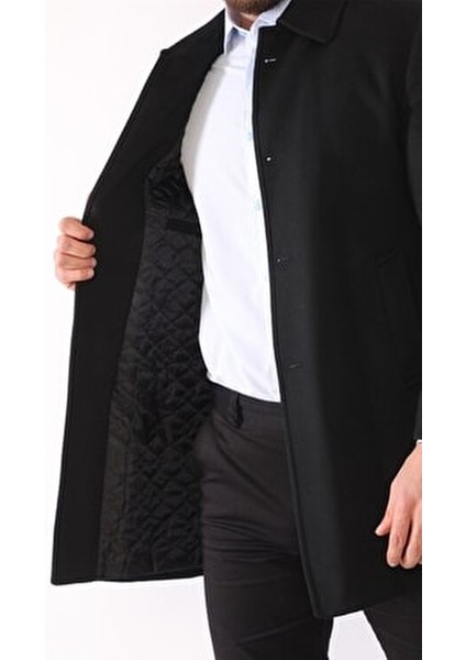 Erkek Palto Yün ve Polyester Karışımı Midi Uzun Kol Düz Siyah