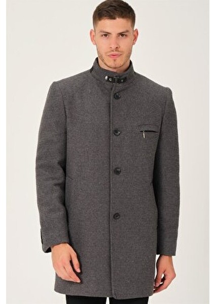 Erkek Palto Düz Gri Uzun Kol %70 Yün %30 Polyester Şık Tasarım