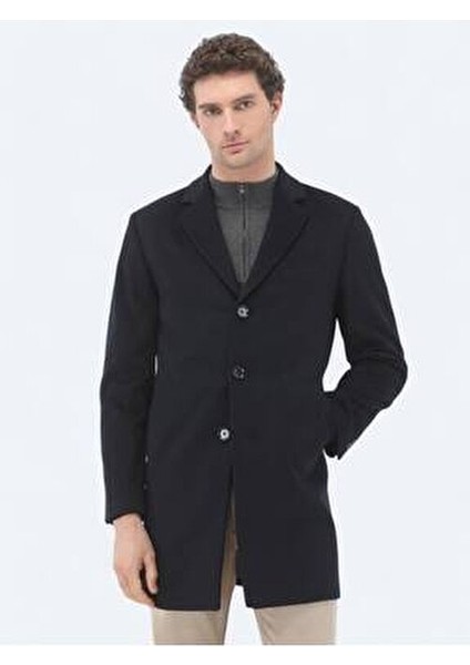 Lacivert Regular Fit Kelebek Yaka Klasik Dokuma Palto
