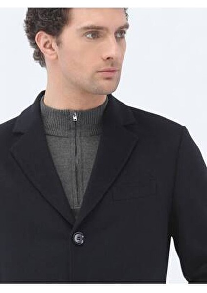 Lacivert Regular Fit Kelebek Yaka Klasik Dokuma Palto