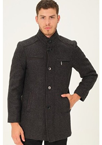 Kadın Midi Palto Yün Karışımlı Düz Siyah-Antrasit Renkli Uzun Kollu