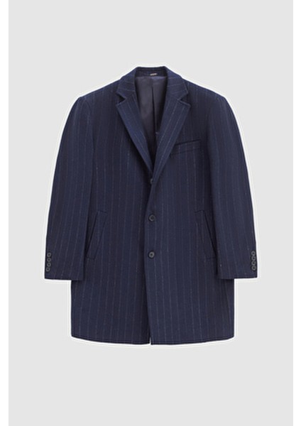 Regular Fit Lacivert Çizgili Yünlü Palto Uzun Kol Erkekler İçin Şık Tasarım