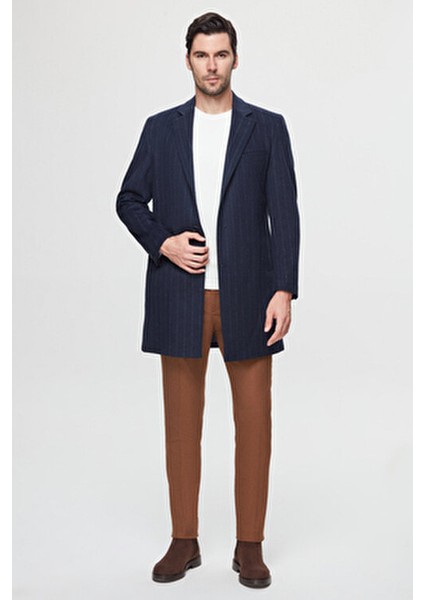 Regular Fit Lacivert Çizgili Yünlü Palto Uzun Kol Erkekler İçin Şık Tasarım