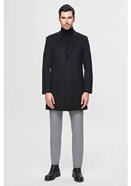 Regular Fit Siyah Çizgili Yünlü Palto Uzun Kol Erkekler İçin Şık Tasarım fiyatları