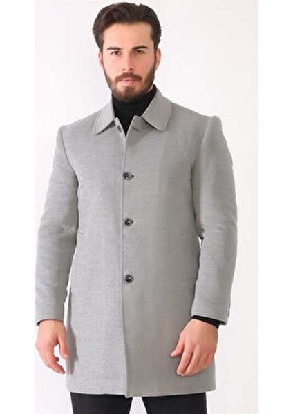 Erkek Palto Açık Gri Yün Malzemeden Uzun Kol Midi Kesim Şık Tasarım