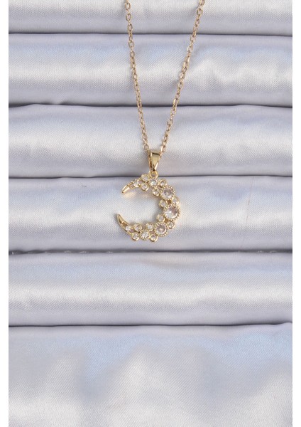 316L Çelik Zincir Altın Renk Zirkon Taşlı Ay Kolye - Lisinya