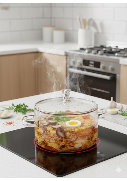 Ayı Figürlü Kapaklı, Yüksek Isıya Dayanıklı Borosilikat Cam Tencere