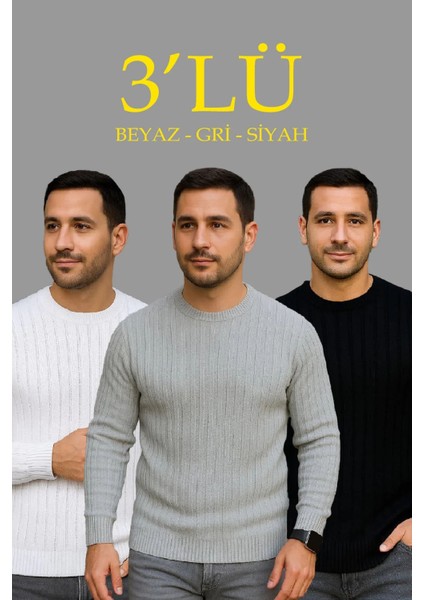 Erkek Fitilli Triko Kazak 3’lü Set – Beyaz, Gri, Siyah | Kalın Dokuma Pamuklu Regular Fit Bisiklet Yaka Uzun Kollu Kışlık ve Baharlık Rahat Triko Kombini