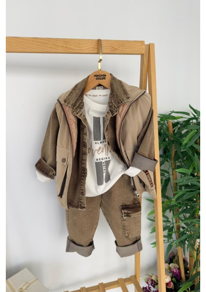 Kapitone Yelekli Kargo Cepli 4 Parça Erkek çocuk takım - Kahverengi