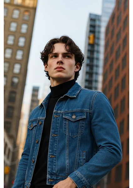 Erkek Polo Yakalı Premium Mavi Kot Ceket