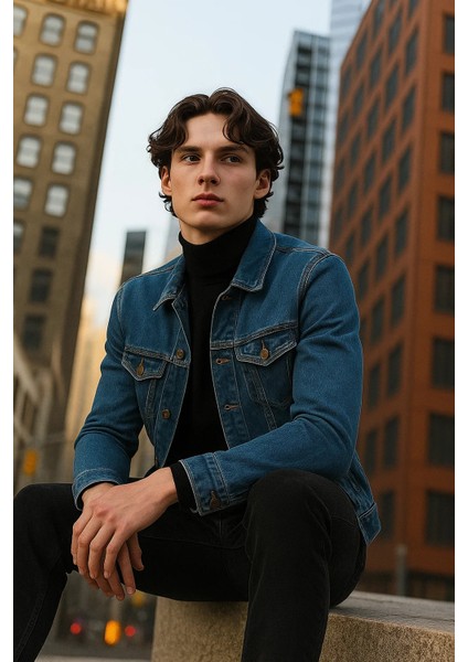 Erkek Polo Yakalı Premium Mavi Kot Ceket modelleri