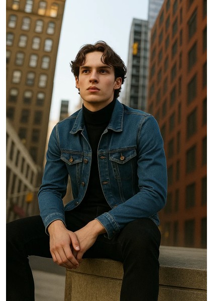 Erkek Polo Yakalı Premium Mavi Kot Ceket indirimleri