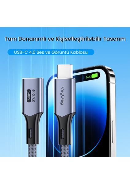 USB 4.0 E-Mark 240W 40Gbps Thunderbolt 4 8K 60Hz Type-C Uzatma Kablosu 50 CM