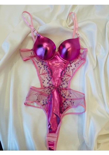 Kadın Pembe Transparan Çıtçıtlı Sütyenli Bodysuıt Fantezi Çamaşır
