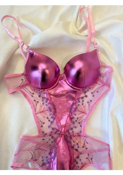 Kadın Pembe Transparan Çıtçıtlı Sütyenli Bodysuıt Fantezi Çamaşır modelleri