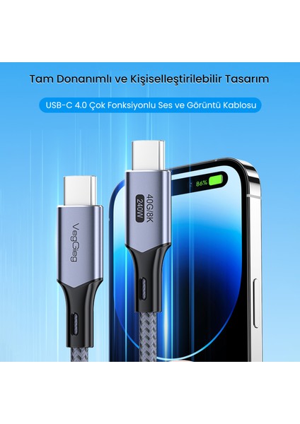USB 4.0 E-Mark 240W 40Gbps Thunderbolt 4 8K 60Hz Type-C Görüntü Hızlı Şarj ve Data Kablosu 50 CM