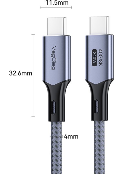 USB 4.0 E-Mark 240W 40Gbps Thunderbolt 4 8K 60Hz Type-C Görüntü Hızlı Şarj ve Data Kablosu 50 CM