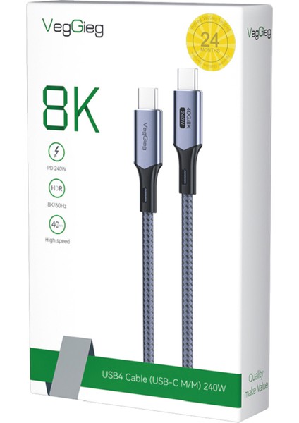 USB 4.0 E-Mark 240W 40Gbps Thunderbolt 4 8K 60Hz Type-C Görüntü Hızlı Şarj ve Data Kablosu 50 CM