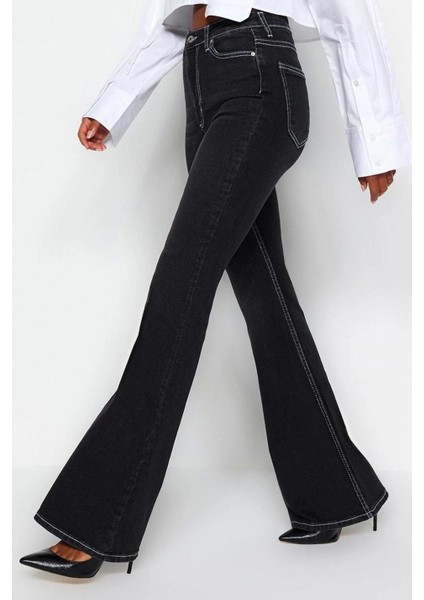 Siyah Kontrast Dikişli Yüksek Bel Comfort/esnek Flare Jean