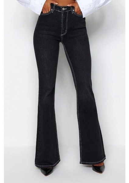 Siyah Kontrast Dikişli Yüksek Bel Comfort/esnek Flare Jean fiyatları