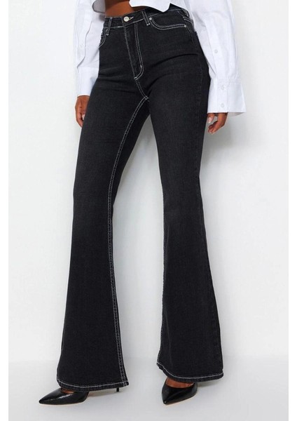 Siyah Kontrast Dikişli Yüksek Bel Comfort/esnek Flare Jean modelleri