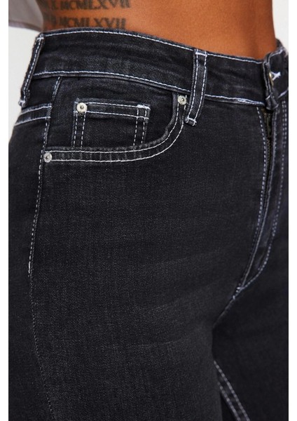 Siyah Kontrast Dikişli Yüksek Bel Comfort/esnek Flare Jean fırsatları
