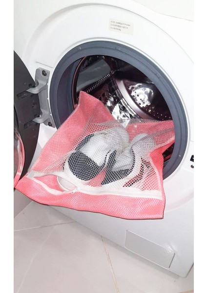 Pembe Fermuarlı - Hassas Çamaşır Terlik Ayakkabı Yıkama Filesi Büyük Boy