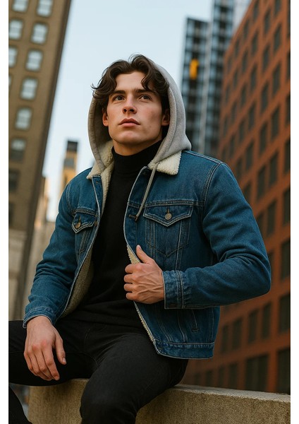 Erkek Içi Kürklü Kışlık Kapşonlu Mavi Kot Mont fiyatları