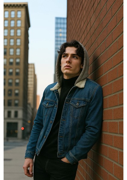 Erkek Içi Kürklü Kışlık Kapşonlu Mavi Kot Mont modelleri