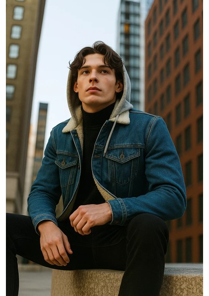 Erkek Içi Kürklü Kışlık Kapşonlu Mavi Kot Mont fırsatları