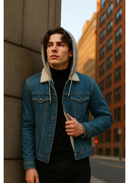 Erkek Içi Kürklü Kışlık Kapşonlu Mavi Kot Mont indirimleri