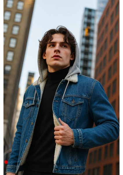 Erkek Içi Kürklü Kışlık Kapşonlu Mavi Kot Mont